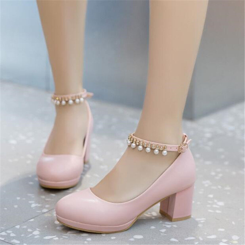 Rozmiar 30-43 dziewczyny wysokie obcasy buty kobieta buty na koturnach moda perła damskie grube obcasy księżniczka wesele buty biurowe
