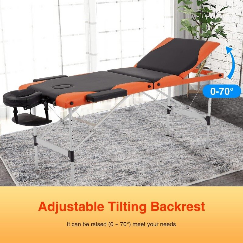 Mesa de masaje portátil de aluminio, cama de 3 pliegues, 84 pulgadas de altura ajustable, para tatuaje de salón Facial, con funda de transporte para cuna Facial