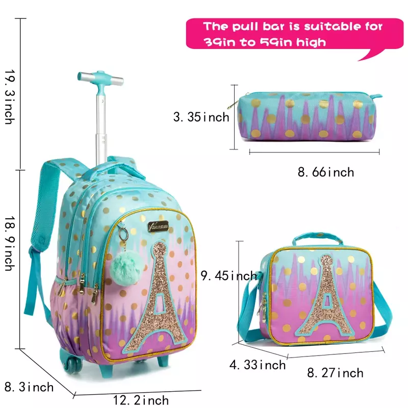 Bikab حقائب مدرسية للبنات مع حقيبة بعجلات حقيبة ظهر للأطفال حقائب ظهر للمدرسة المراهقين بنات برج حقائب مدرسية للبنات