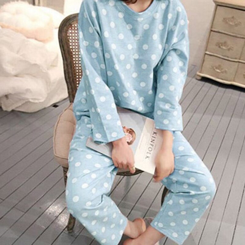 ฤดูใบไม้ผลิฤดูใบไม้ร่วงชุดผู้หญิง Polk Dot พิมพ์ยาวแขนยาวน่ารักชุดนอนชุดนอน Homewear หญิง Pijama