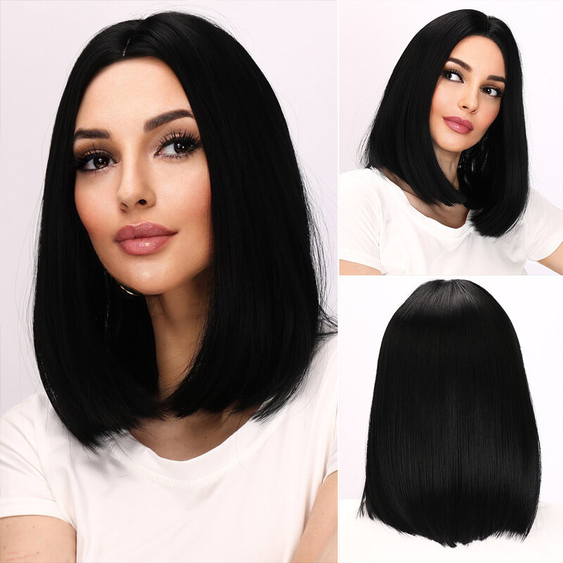 Синтетические Черные Короткие прямые натуральные волосы для женщин, длинные волосы боб, парики для повседневного косплея, средней части, термостойкие