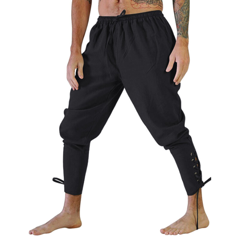 Celana panjang abad pertengahan pria dewasa celana longgar perban kaki Halloween untuk pria dewasa celana olahraga kostum Cosplay warna Solid