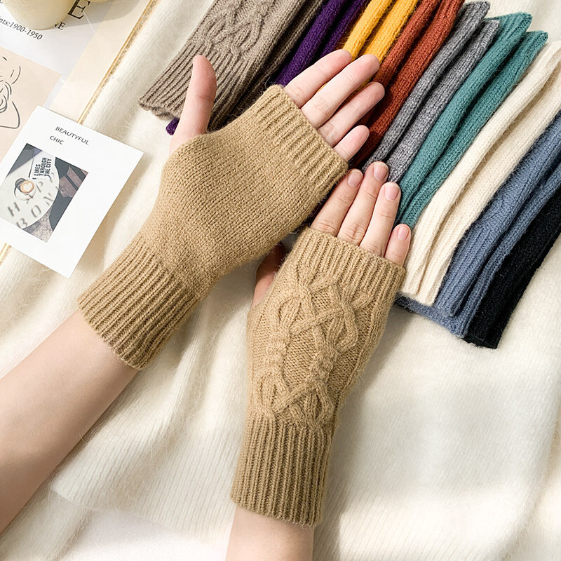 Kobiety stylowe ręcznie ocieplane rękawiczki zimowe ramię szydełkowe Knitting Mitten ciepłe rękawiczki bez palców Twist wzór pół palca rękawiczki T73