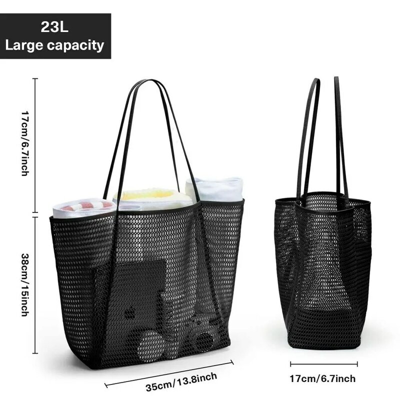 Big Capacity Tote Bag Khaki Black Light Shoulder Bags with Mesh Storage Accessories for Beach