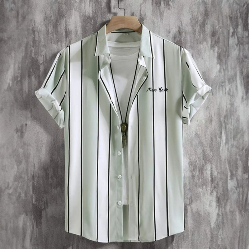 Camisa havaiana solta em 3D masculina, listras simples, camisas respiráveis, manga curta, roupas masculinas, verão, 2023
