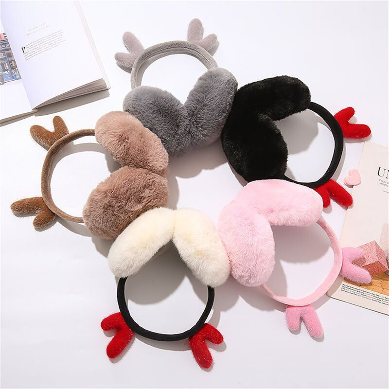 Soft Plush Earmuffs for Women Christmas Antlers Winter Warm Ear Warmer Earflap Outdoor Cold Protection Ear Cover Fur Headphones