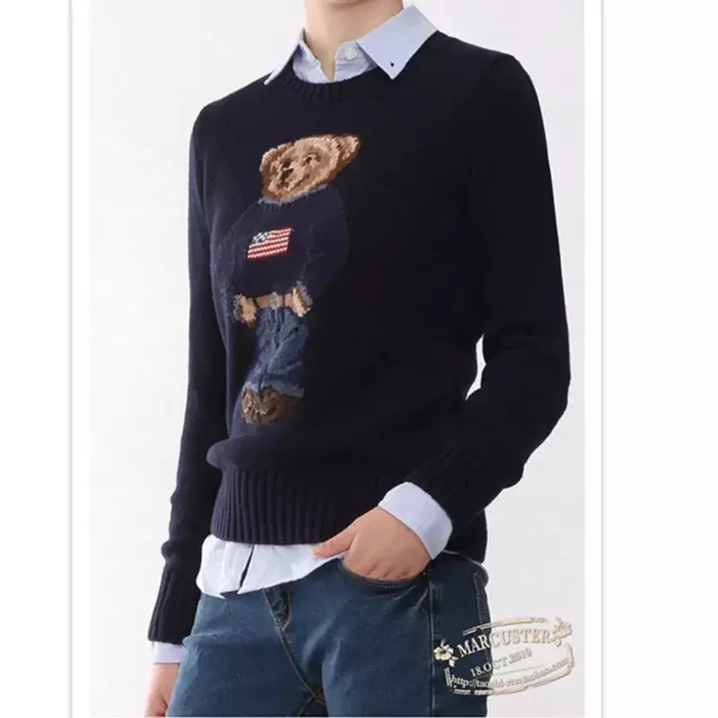 Новинка 2023, Женский вязаный свитер RL, Пуловеры с круглым вырезом, женские хлопковые топы высокого качества с вышивкой медведя, модные свитера