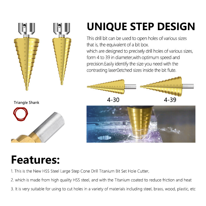XCAN 4-30mm HSS 스트레이트 그루브 스텝 드릴 비트 티타늄 코팅 목재 금속 구멍 커터 코어 드릴링 도구 세트