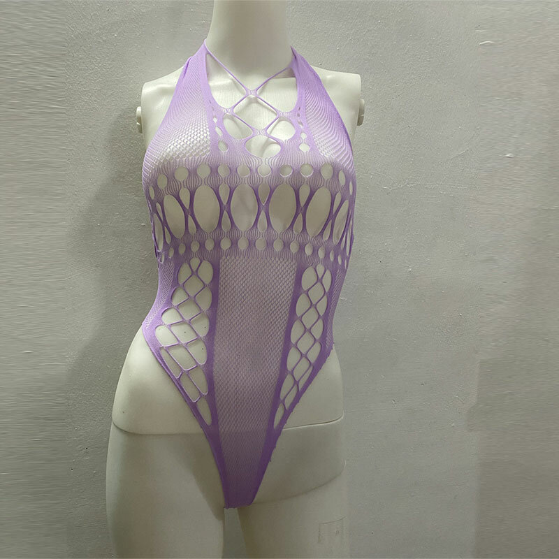 Pakaian erotis pakaian dalam wanita jaring ikan transparan setelan badan kostum Lingerie ketat jaring berongga tembus pandang Bodysuit