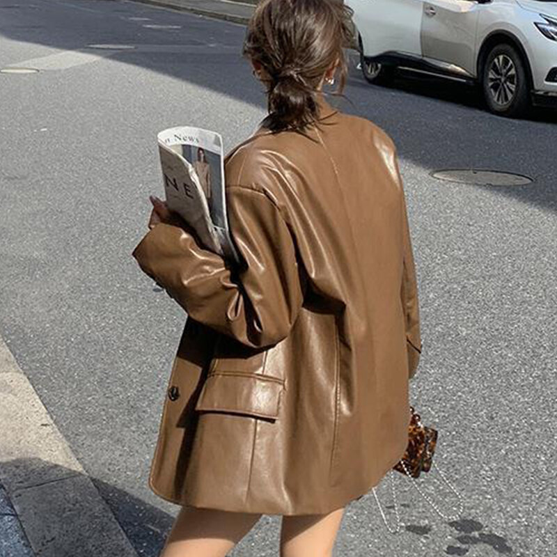Женское однобортное кожаное пальто, свободное винтажное пальто с карманами и отложным воротником в офисном стиле, 2023