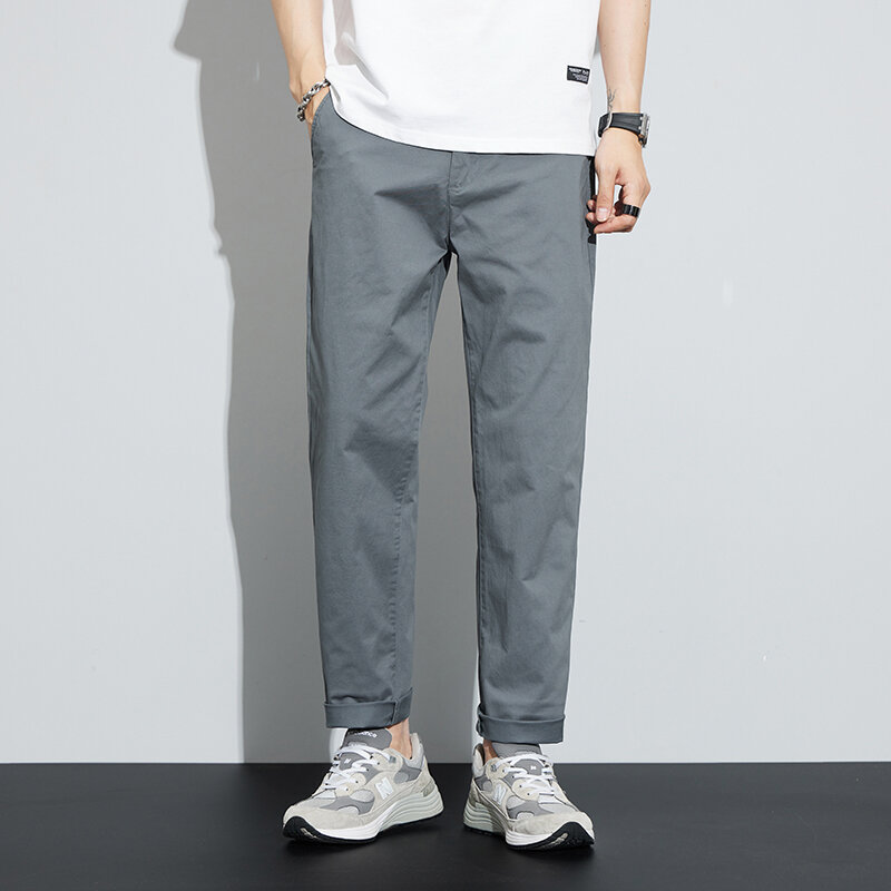 Summer 97.8%Cotton Men's Ankle-Length Casual Pants Thin Business Straight Grey Khaki Work Solid Color Trousers Male Plus Size 40