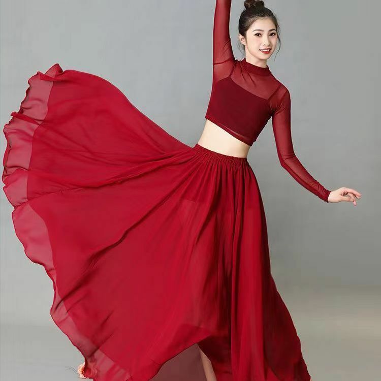 W starożytnym chińskim stylu zestaw spódnic temperament taniec jazzowy wino czerwone wszechstronny taniec robienie zdjęć kostium pół spódniczka