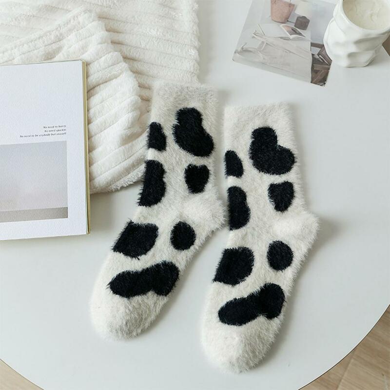 Soft Breathable Socks Cozy Winter Floor Socks with Cartoon Cow Dinosaur Print Thick Fleece Mid-tube Anti-slip Elastic Warm Soft