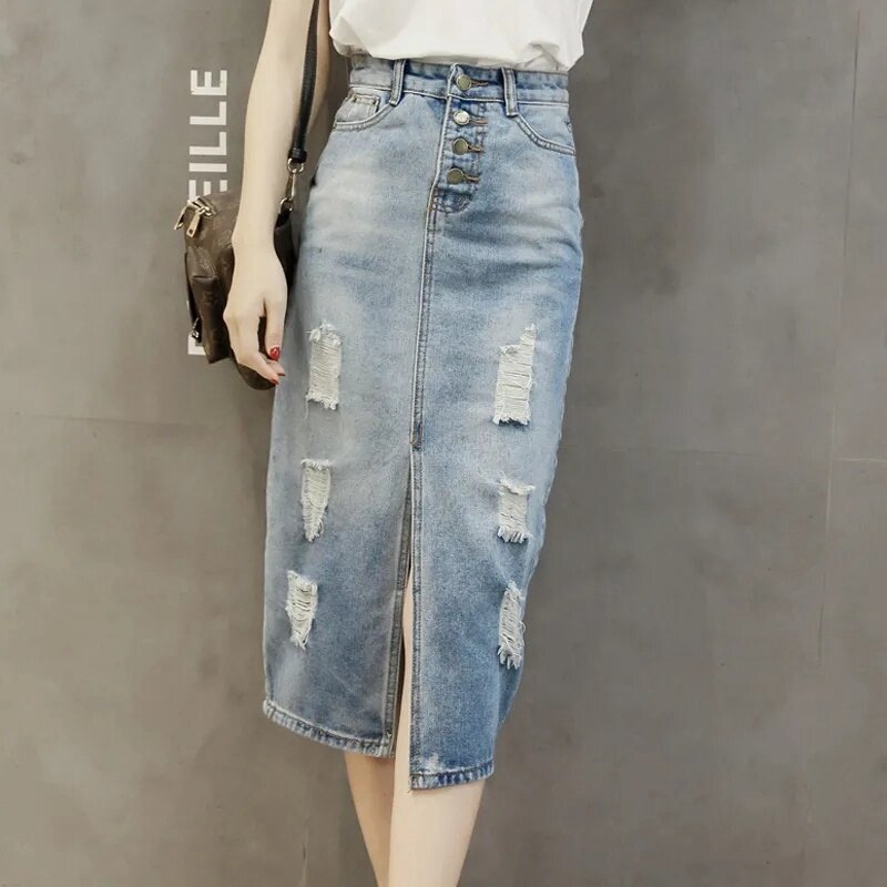 Ropa De Mujer High Waist Ripped Denim Skirt With Slit Wrapped Hips To Slimming Mid-Length Skirts For Women Faldas Para Mujeres
