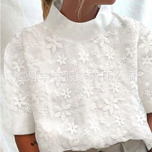 Kemeja wanita perca renda Linen katun, atasan dasar pakaian jalanan kasual longgar lengan setengah putih elegan baru musim panas 2024