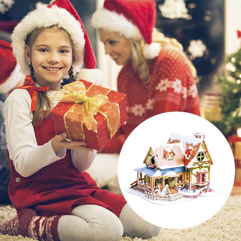 لغز منزل عيد الميلاد ثلاثي الأبعاد ، الألغاز موضوع القرية ، مشهد الثلج الأبيض ، بلدة صغيرة ، زينة الهدايا