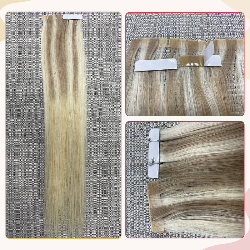 Moresoo Injection Tape Hair Extensions Ash Blonde Highlight Virgin Hair Natural Straight Brazilian Tape in Human Hair Extension