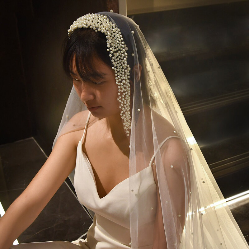 حجاب زفاف رومانسي مع لؤلؤ مشفر ، غطاء رأس بذيل طويل ، BL4018