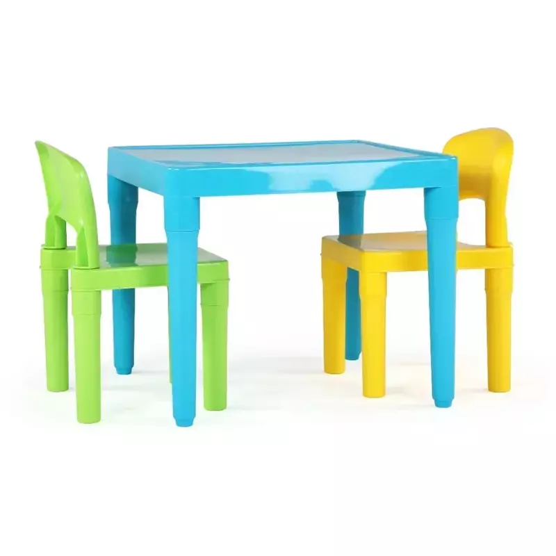 Juego de mesa y 2 sillas de plástico ligero para niños, cuadrado, verde y amarillo