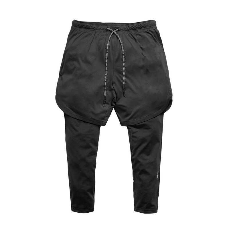 Pantalones deportivos para hombre, mallas falsas de dos piezas para correr, gimnasio, Fitness, de secado rápido