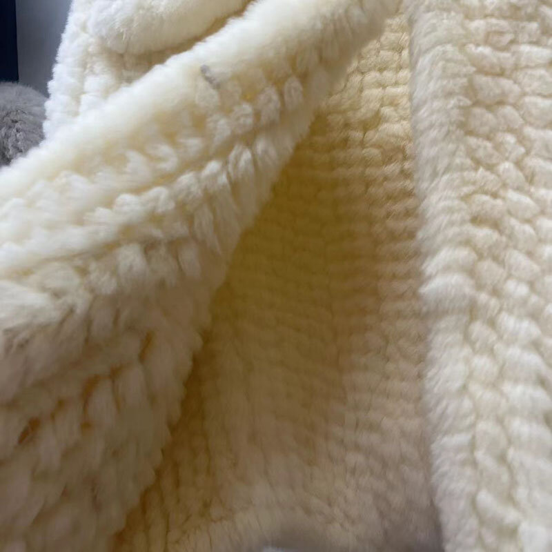 Mantel Bulu Kelinci Rex Rajutan Lengan Panjang Musim Dingin Jaket Bulu Asli Wanita Hangat Mode Pakaian Luar Bulu Alami Wanita