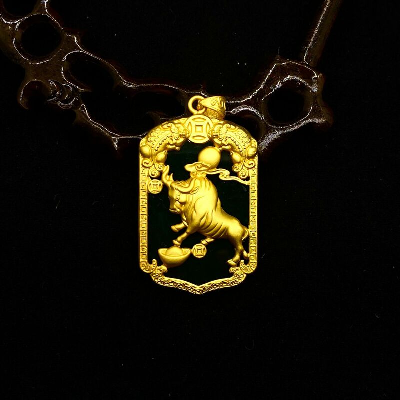 Gold-plated Hotan Moyu Zodiac Plated 100% Real Gold 24k 999 Pendant Gold-inlaid Jade Square Pendant for Men Pure 18K Gold Jewelr