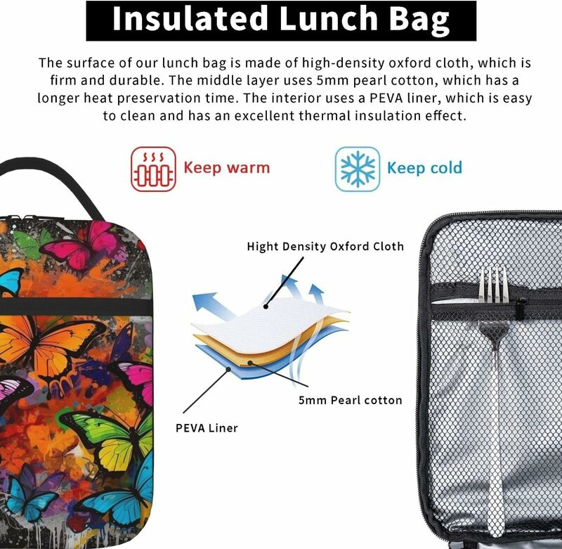 Art Graffiti Borboletas Imprimir Lunch Bag para Homens e Mulheres, lancheira isolada reutilizável, sacolas, lancheira à prova de vazamento, L