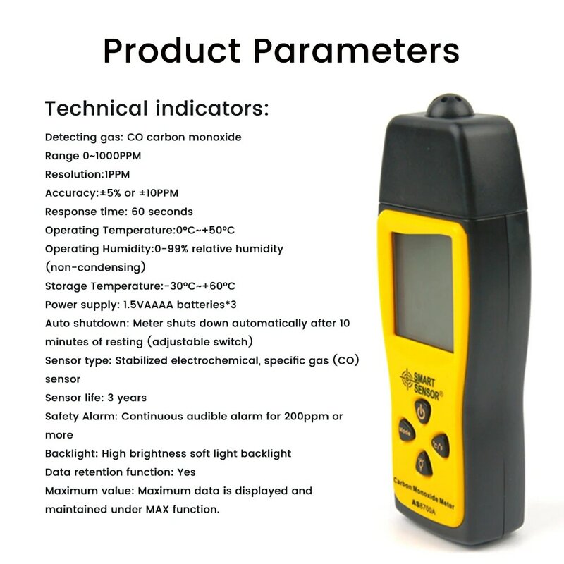 Slimme Sensor As8700a 0 ~ 1000ppm Koolmonoxidedetector Draagbare Auto Uitlaatgas Testmeter Met Alarm