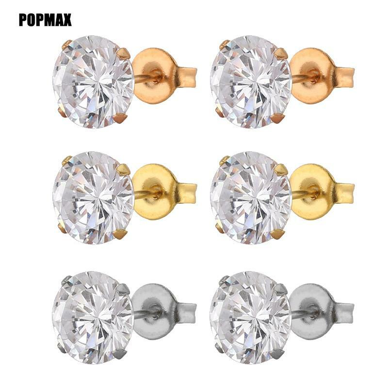 Popmax-男性と女性のためのステンレス鋼のクリスタルのスタッド、4つのタンガの耳のイヤリング、ラウンドクリアのキュービックジルコニアのジュエリー、1ペア、2個