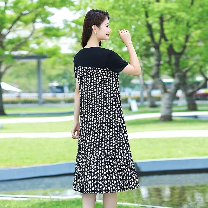 Korean Women's Clothing 2024 Summer Comfortable Temperament Loose Slim Skirt Long Fashion Print Stitching Casual Dress Female.