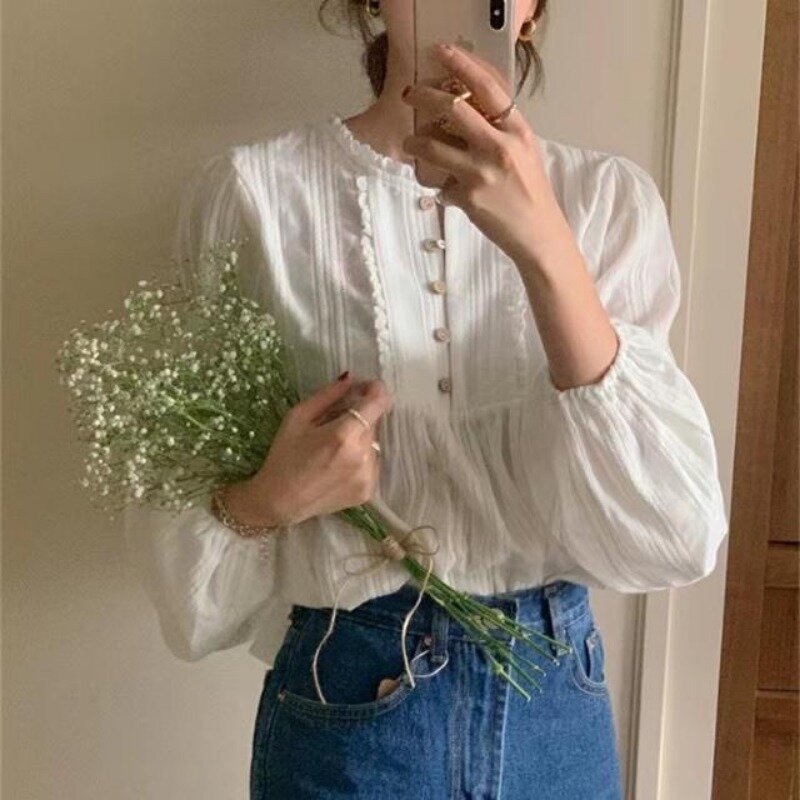 Deeptown Spitze Knöpfe Vintage Frauen Blusen Langarm adrette Hemden weiblich lose koreanische Mode schick süß elegant Frühling