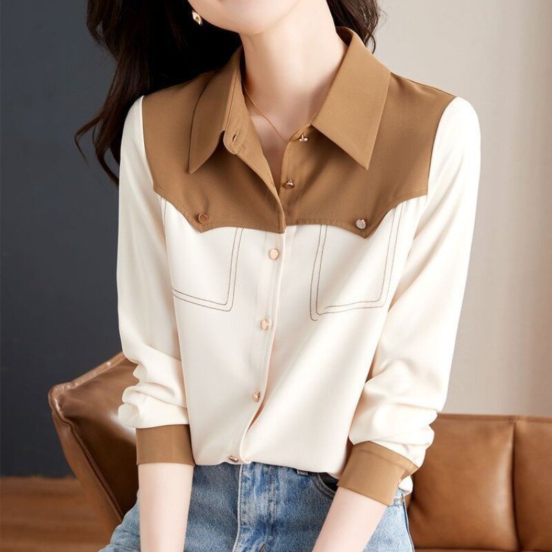 Women's Long Sleeve Chiffon Blouses 2024 Spring and Autumn New Korean Commute Contrast Color Patchwork Lapel Button Casual Shirt
