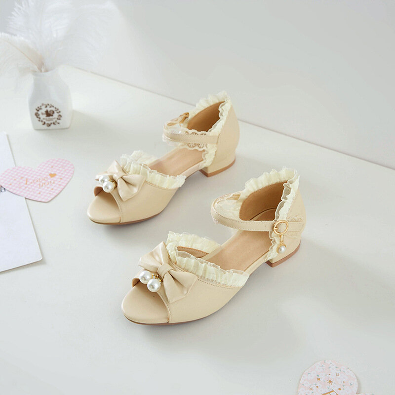 Детские босоножки принцессы, детская Свадебная обувь для девочек, женская красивая обувь на высоком каблуке с оборками и бантом, розовые, белые классические туфли для девочек 30-43