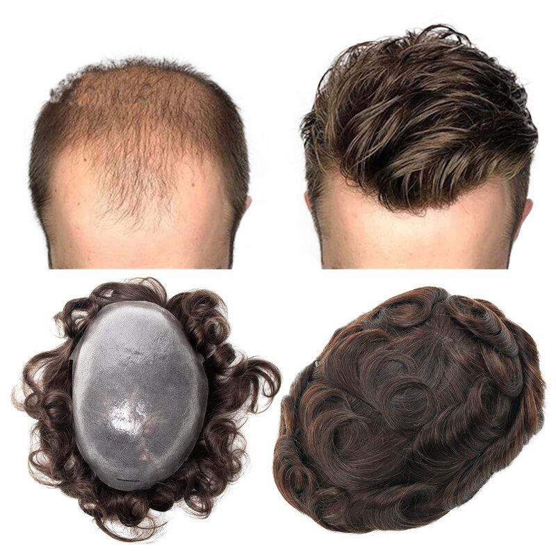 Maxhair-perucas de cabelo para homens, pele com nó duplo, base PU, 100% remy substituição de cabelo humano, nó dividido único