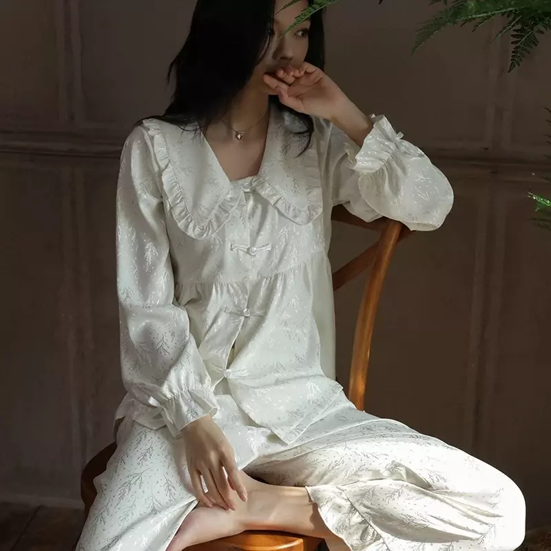 Элегантная жаккардовая Шелковая пижама с цветочным принтом для женщин, атласная одежда из двух предметов для отдыха, повседневная одежда для сна с воротником с оборками, женская одежда для сна