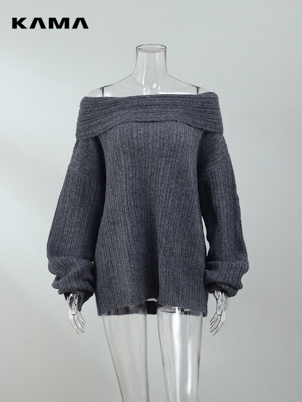KAMA-suéter de cuello oblicuo para mujer, Jersey informal de manga larga, holgado, prendas de punto de calle