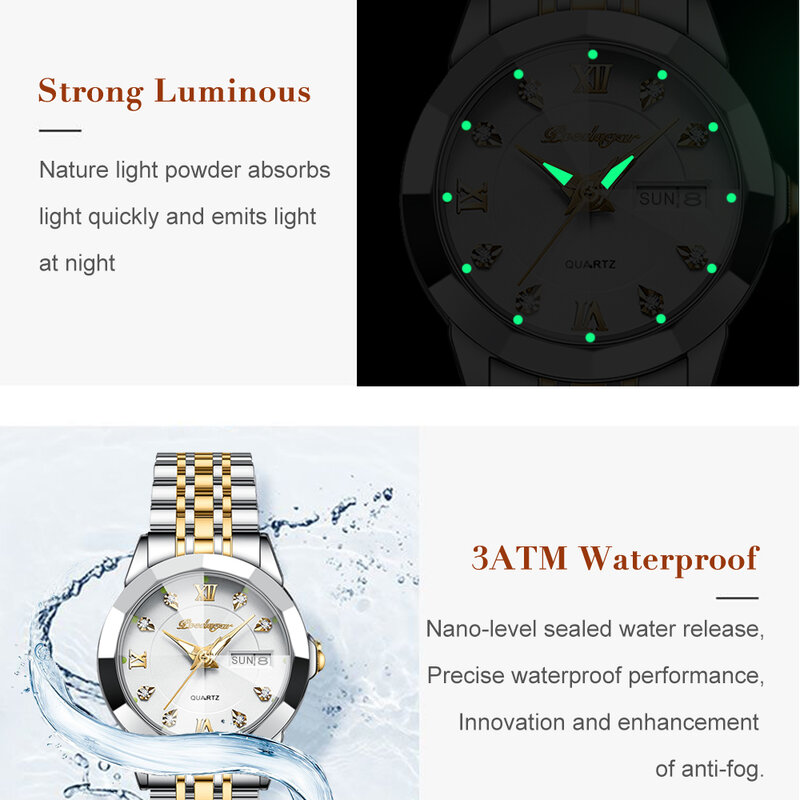 POEDAGAR-Relógio de pulso feminino, relógio luminoso feminino, impermeável, data week, relógios para mulher, aço inoxidável, relógio de quartzo com caixa