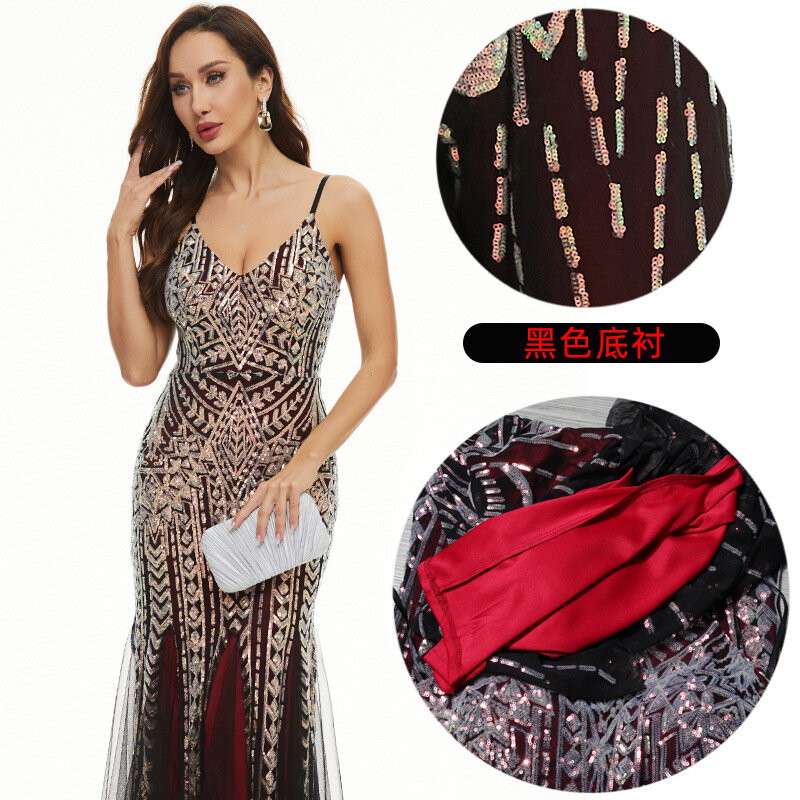 Sequin dress positioning flower bead patchwork mesh banquet light luxury evening dress women's long suspender fishtail skirt