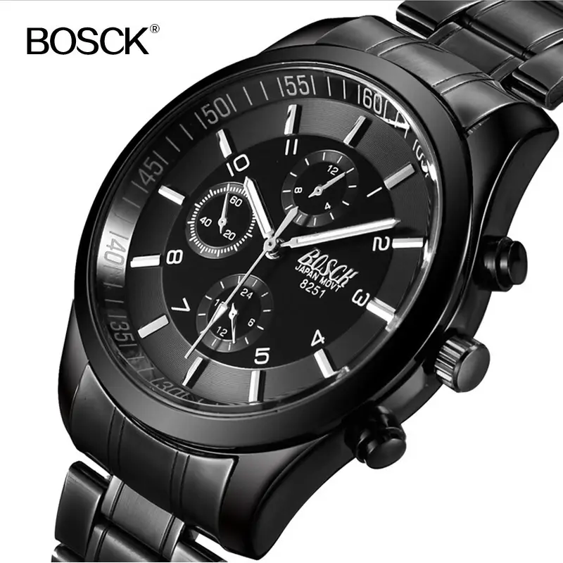 トップブランドのメンズクォーツ時計ステンレス鋼bosck男性腕時計防水軍事時計レロジオmasculino