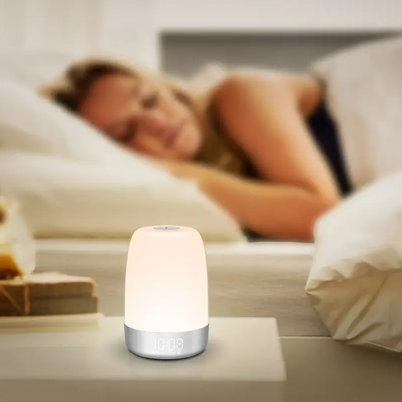 Lámpara LED de luz nocturna con despertador, Sensor táctil para dormitorio, Luz suave y cálida, regalo para niños y bebés, 7 colores, lámpara de mesita de noche, atmósfera