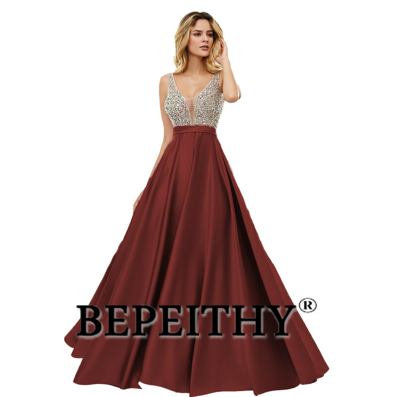 BEPEITHY V-Neck Beads Bodice Open Back Luxury Evening Dresses For Women 2023 A Line Elegant Fast Shipping Satin Prom Dress