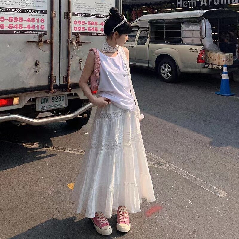 2024 neue Sommer weiße Röcke Frauen Retro hoch taillierte süße A-Linie Röcke vielseitig drapieren lässige lange Damen bekleidung