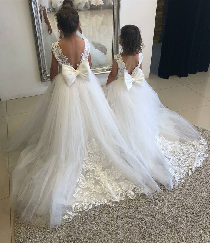 Uroczy kwiat sukienki dla dziewczynek na ślub duża kokarda aplikacje długie małe korowód suknie dziewczyny biały tiul pierwsza komunia suknie