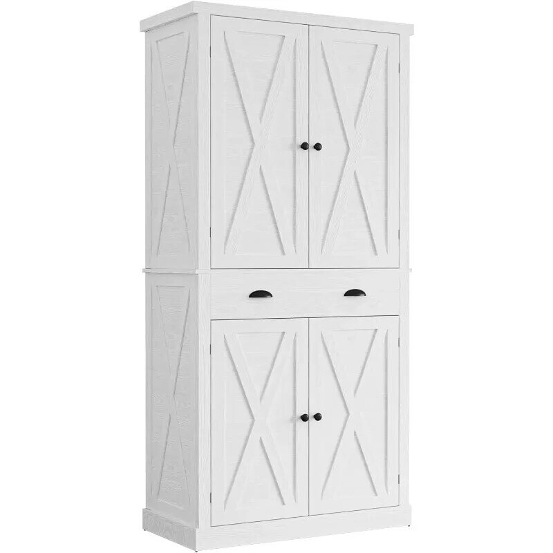 Kitchen Pantry Storage Cabinet 72" Height, with Barn Doors, Drawer, 4 Adjustable Shelves, Freestanding Cupboard for Dining Room