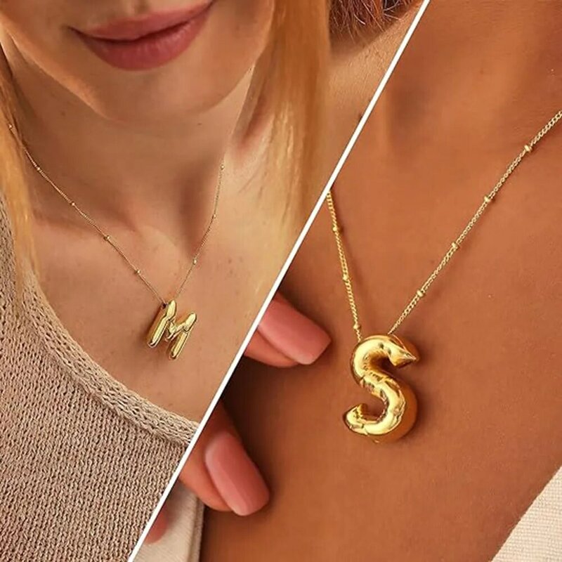 Bubble Letter Necklace Balloon Initial Necklaces for Women Girls Chunky Alphabet A-Z Name Pendant Collar Charm DIY Jewelry Gifts