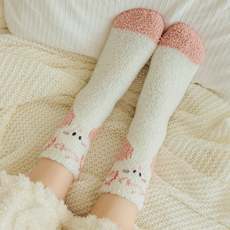 Носки коралловые с милыми мультяшными животными для женщин, флисовые теплые утепленные плюшевые носки, мягкие милые флисовые Носки для сна