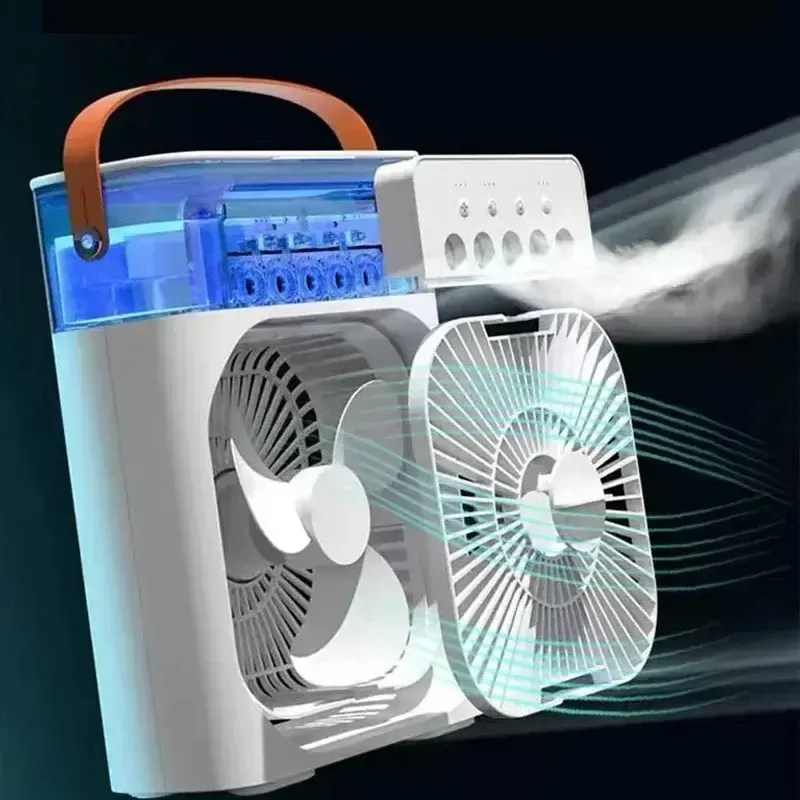 พัดลมเครื่องทำความชื้นแบบพกพาตัวปรับอากาศแบบ3 in 1, เครื่องทำความชื้นระบายความร้อนด้วยน้ำแบบ USB พัดลมไฟฟ้าไฟ LED กลางคืนละอองน้ำสนุก