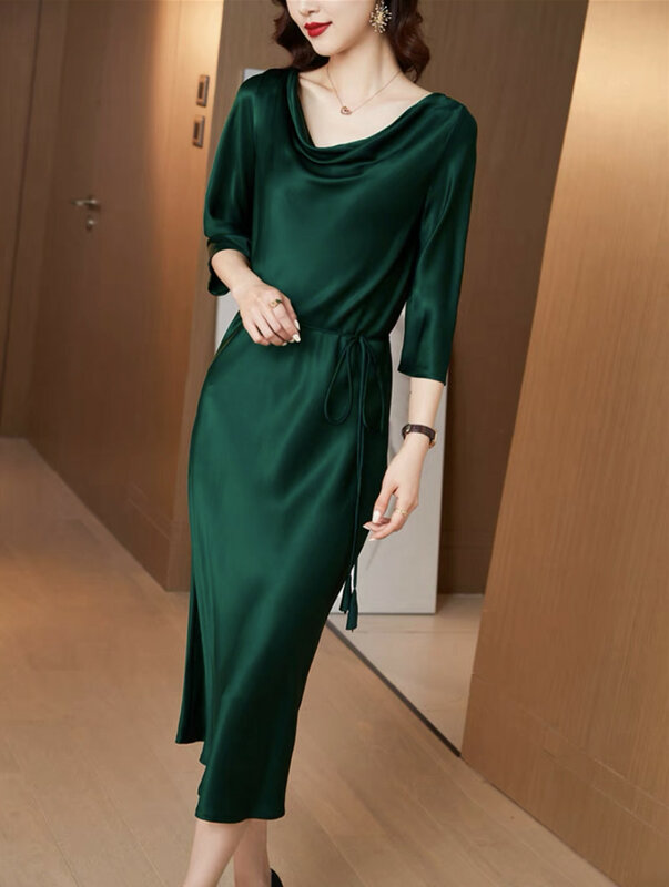 女性のためのエレガントなシルクサテンのロングドレス,韓国の夏のファッション,七分袖