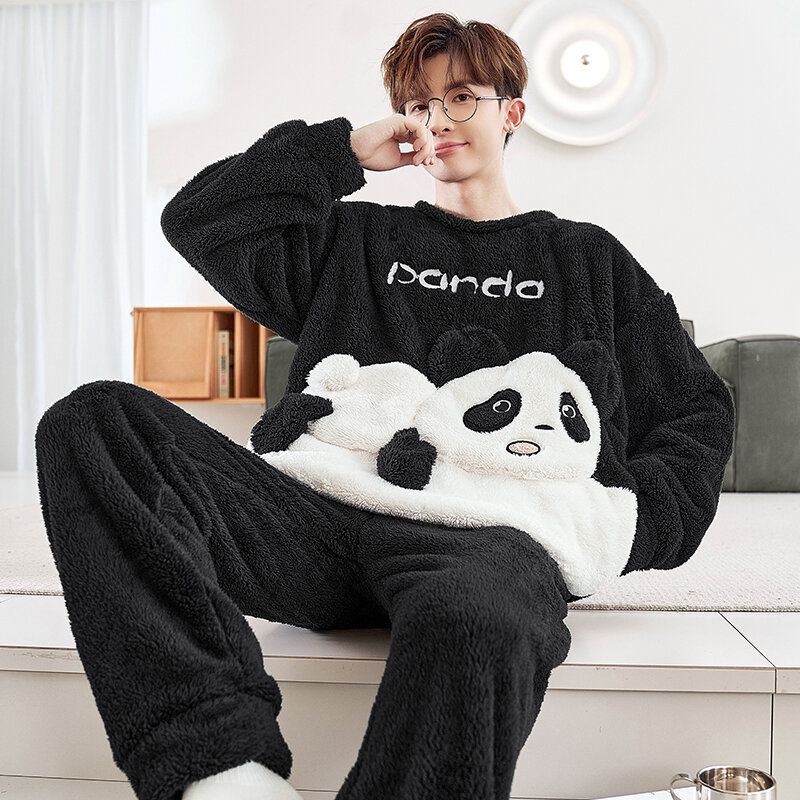 Мужской пижамный комплект, одежда для сна для взрослых, зимняя женская домашняя одежда, мультяшная панда, Корейская свободная мягкая теплая Пижама, домашняя одежда для отдыха