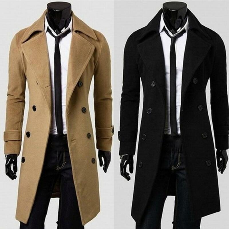 Jaket wol panjang pria, mantel Trench berkancing dua baris padat tahan angin musim gugur, jaket Windbreaker tebal kasual longgar untuk pria
